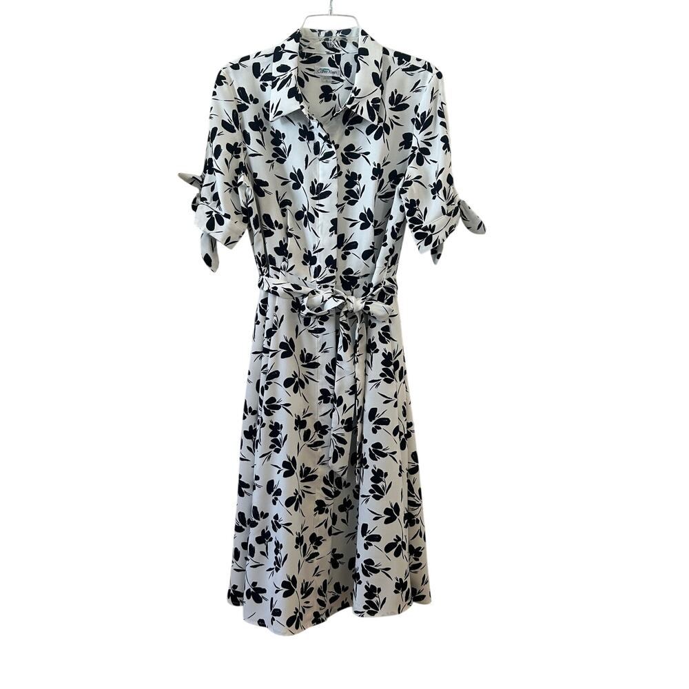 Calvin Klein Size 12 Black & White Floral Belted Shirt Dress Midi Pockets